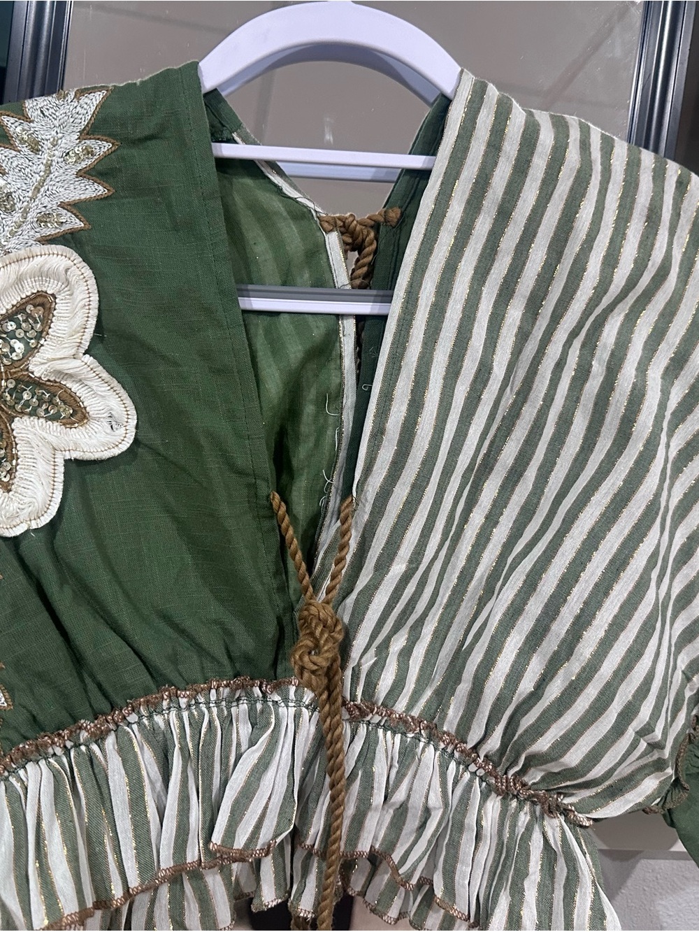 Green Boho Embroidered Tie-Front Top